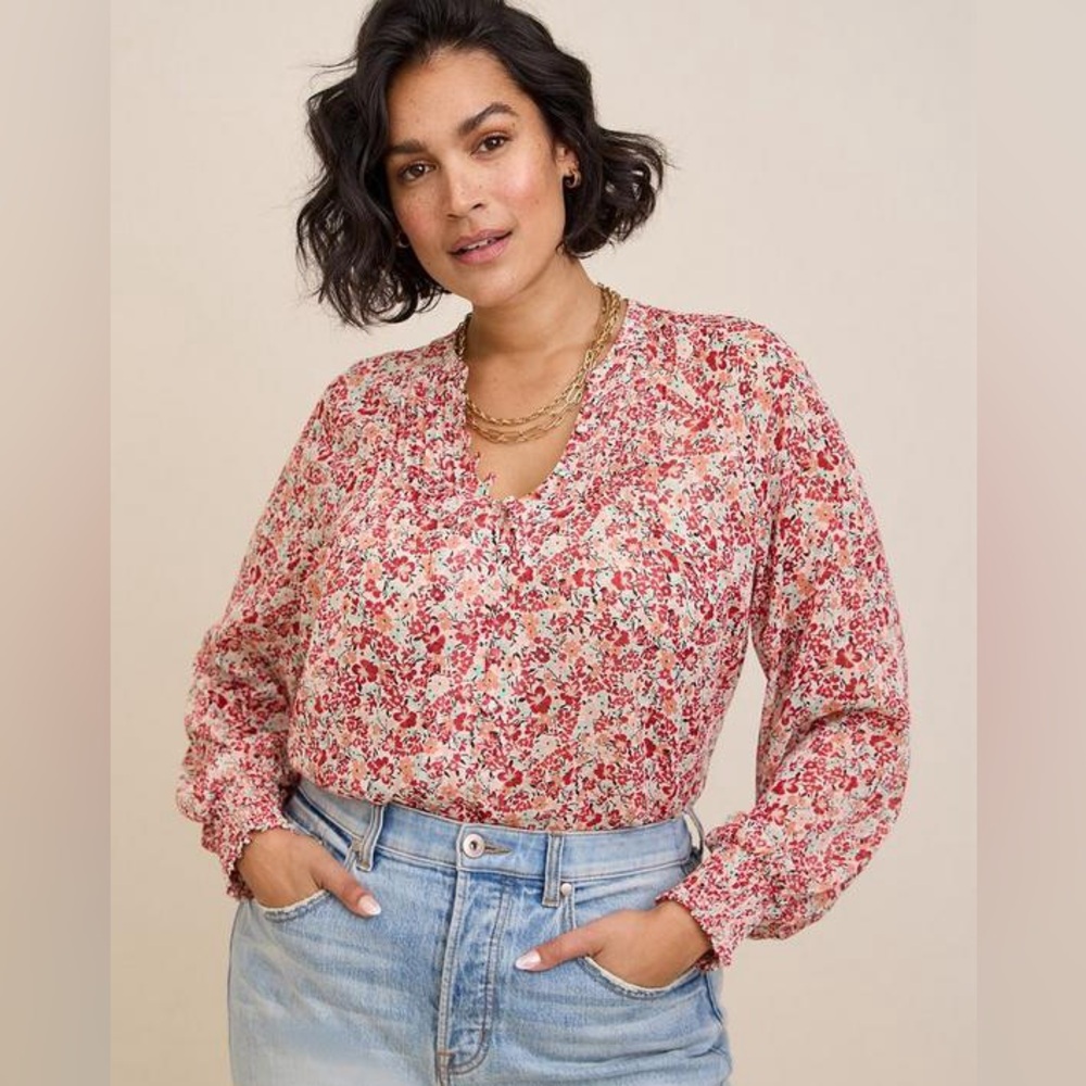 Torrid Plus Size Crinkle Chiffon Smocked Blouson Sleeve Blouse 5X